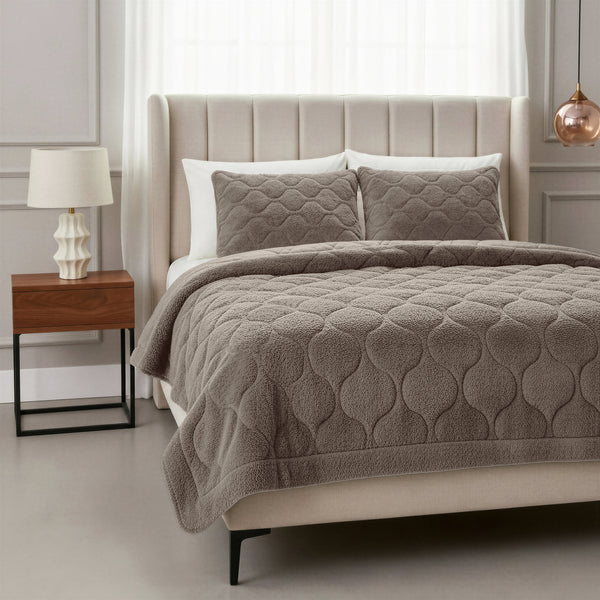 Dekbed Zonder Overtrek - Lazy Dekbed Teddy Taupe/Grijs Met Kussenslopen