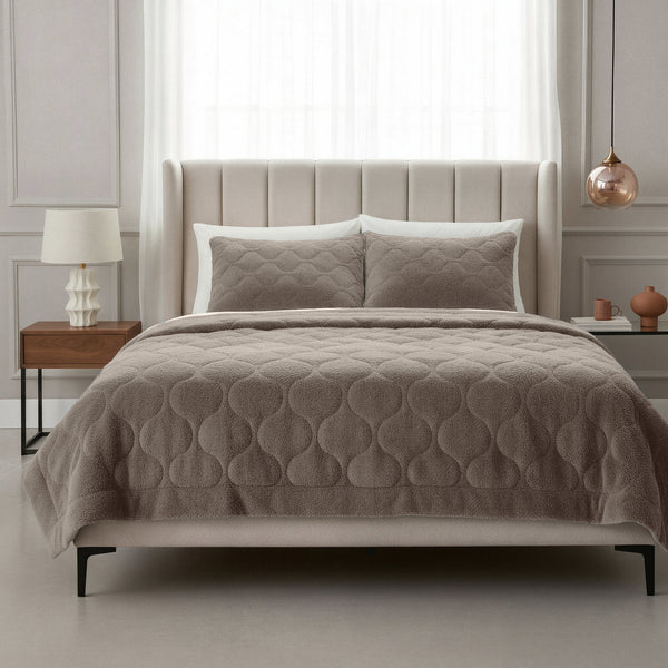 Dekbed Zonder Overtrek - Lazy Dekbed Teddy Taupe/Grijs Met Kussenslopen